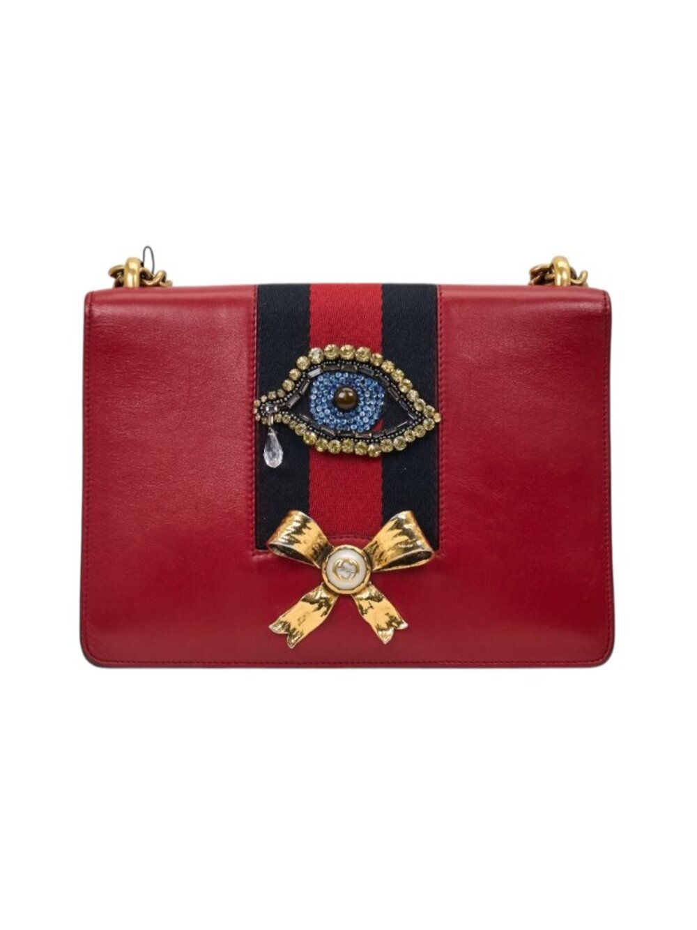 Gucci Red Leather Beaded Eye Bow Peony Shoulder Bag